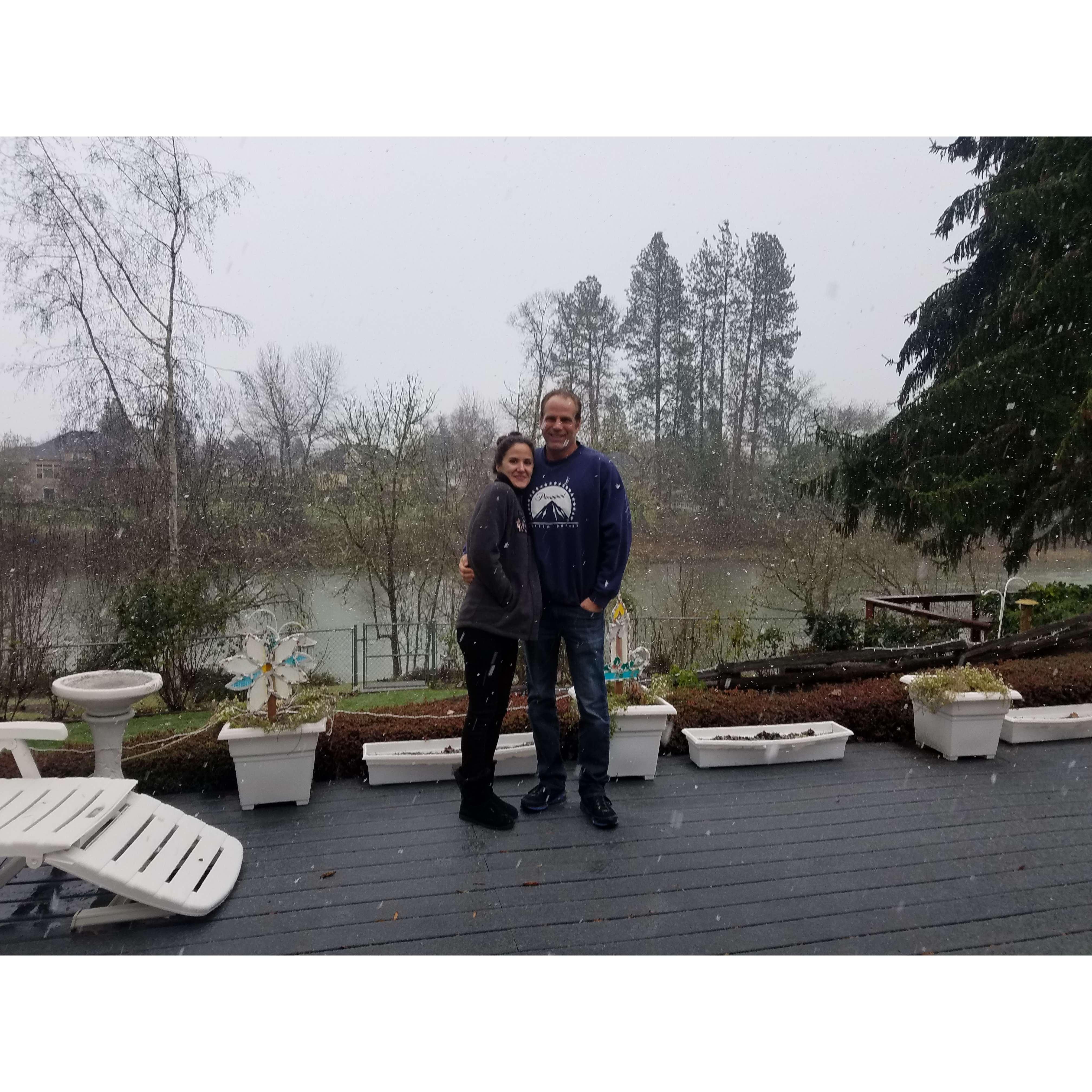 Aunt Linda and Uncle Ken's backyard in Oregon, snow was starting to fall