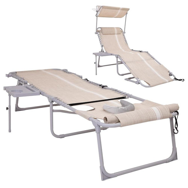 #WEJOY 4 in 1 Tanning Chair with Face Hole & Canopy & Side Table, 5 Positions Adjustable Folding Waterproof Facedown Chaise Lounge with Pillow Quick Dry for Beach Pool Outdoor Camping Patio (Khaki)