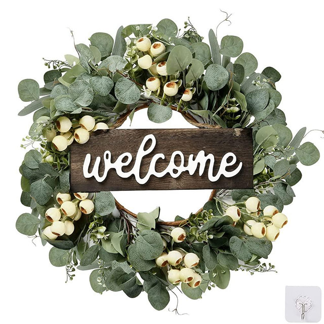 Sggvecsy Green Eucalyptus Wreath with Welcome Sign 20in Artificial Eucalyptus Wreath Spring Summer Wreath with White Berries for Front Door Wall Window Festival Porch Farmhouse Patio Garden Decor