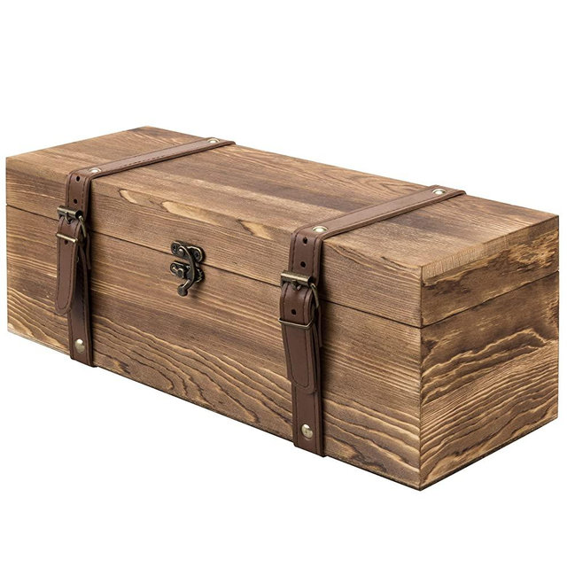 MyGift Vintage Brown Wood Single Bottle Wine Gift Box with Leatherette Straps
