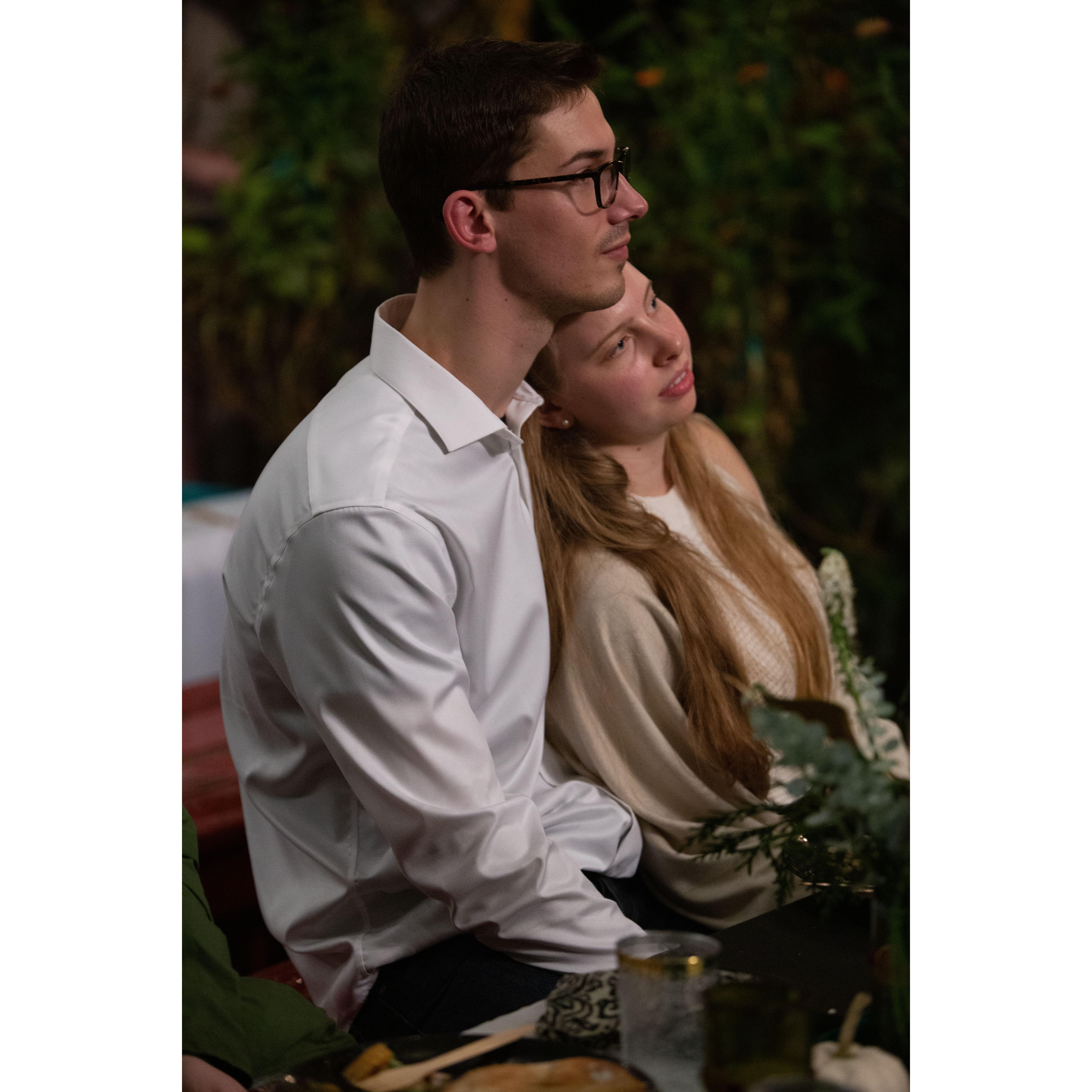 At our dear friends', Hannah and Isaiah's, rehearsal dinner.