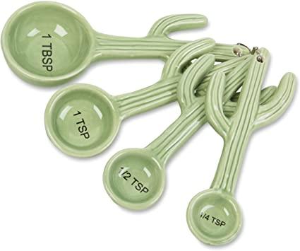 Set of 4 Decorative Cactus Shaped Ceramic Kitchen Measuring Spoons in 4 Assorted Sizes with Hanging Chain for Display