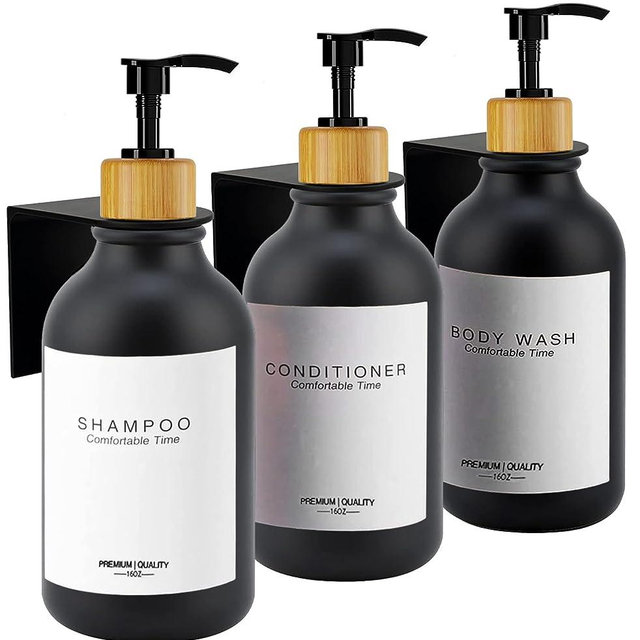Shampoo Dispenser for Shower Wall, Frosted Heavy Duty Bottles - Drill Free Shower Soap Dispenser Wall Mount with Waterproof Labels - 3 Bottles 3 Wall Mounts 6 Labels (Matte Black)