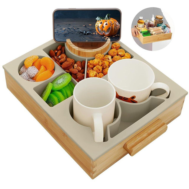 Nnewvante Couch Cup Holder,8 in 1 Divided Serving Tray with Handle for Sofa Bed RV Car Organizer Caddy Movie Night Snack Trays, Bamboo and BPA Free Silicone, Light Grey