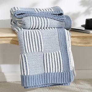 Amélie Home Checkered Knit Throw Blanket for Couch, Chenille Texture Decorative Soft Blanket for Sofa & Chair, 50"x60", Blue & White