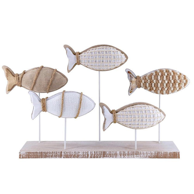 NAUTIMALL Wooden Fish Figurines with Jute Rope and Cotton String, Fish Sculpture Statues for Home Decoration, Table Top Nautical Decor for Living Room, Bedroom, Beachhouse Home Decor (JuteFish-5)