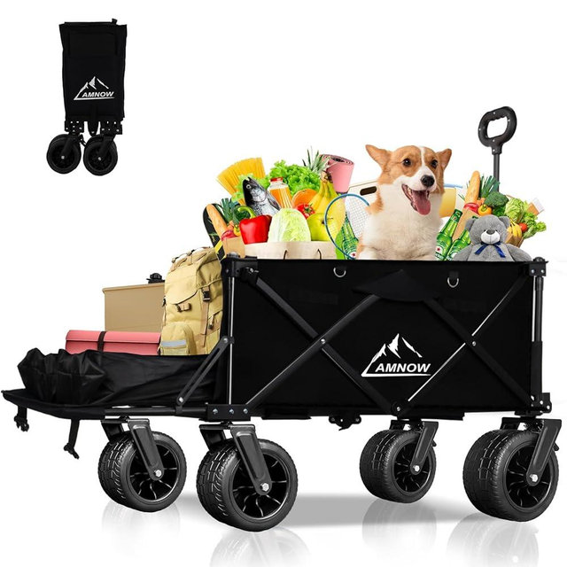 Collapsible Beach Wagon Cart with Big Wheels, 440LBS Upgrade Large Capacity Folding Wagon, Foldable Grocery Wagon with Side Pocket and Brakes, Ideal for Sand Camping Outdoor Garden Sports, Black