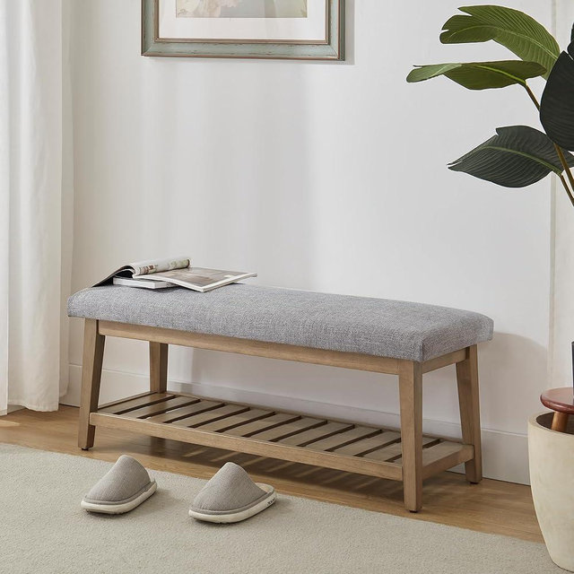 Zihanhome Entryway Bench, Chenille Upholstered Shoe Benches for Bedroom, Ottoman Benches with Solid Wood Shelf, Storage Bench for Hallway, Living Room(Grey)