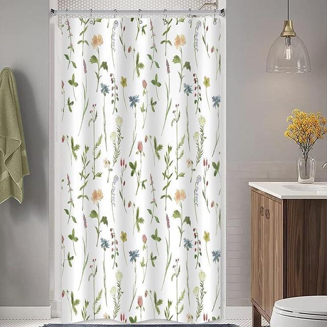 Riyidecor Small Stall Floral Fabric Shower Curtain 36Wx72H Inch Rustic Botanical Plant Herbs Watercolor Flower Spring Season Decor Bathroom Fabric 7 Pack Plastic Shower Hooks Included RY-OISL