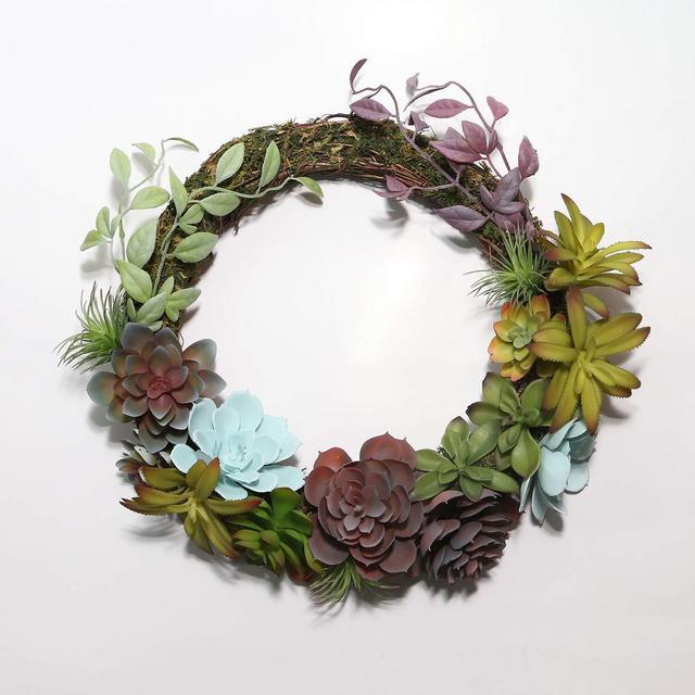 Noble House Unique Designs Succulent Wreath with Real Twig Based Back for Front Door,Home and Office, Artificial Succulent Wreath for Spring and All Seasons (Multi-Color, 16 inch)