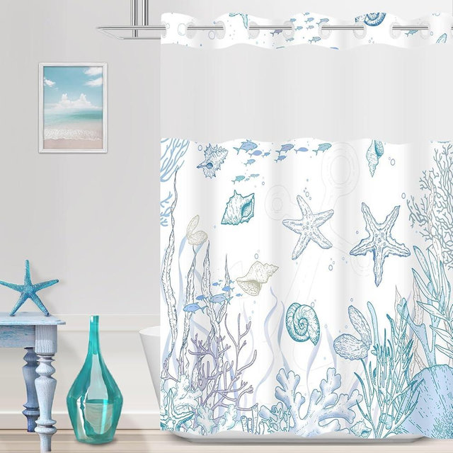 TWLSNCD No Hook Nautical Coastal Shower Curtain with Snap in Liner Set, Ocean Summer Beach Seashell Design, Hotel Quality Bathroom Decor, with See Through Mesh Top Window, Blue 71" x 74"