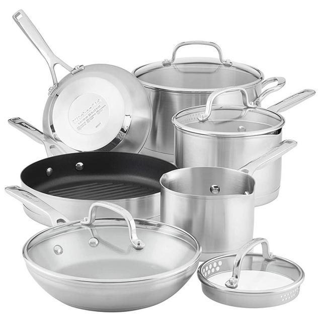 KitchenAid 3-Ply Base Brushed Stainless Steel Cookware Pots and Pans Set, 10 Piece
