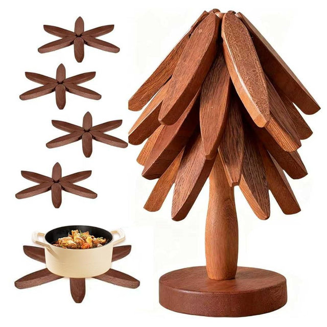 Foldable Kitchen Wooden Trivet Wooden Trivets for Hot Dishes, Tree Shape Trivet Set, 4 Walnut Wood 1 Stand stored Like a Christmas Tree,for Hot Pot Holder, Teapot, Bowl, Hot Dishes (Walnut Wood)