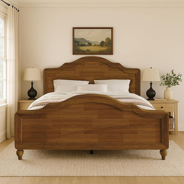 HOME DESIGN Hinton King Platform Bed Frame with Arched Headboard and Footboard, Solid Wood, Easy Assembly, Brown