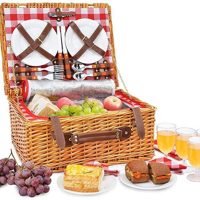 Picnic Basket Set for 4 Person | Insulated Red Picnic Hamper Set | Picnic Table Set | Picnic Plates | Picnic Supplies | Summer Picnic Kit | Picnic Utensils Cutlery Flatware