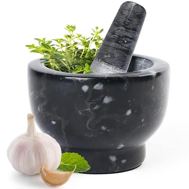 LotFancy Mortar and Pestle Set, 5 inch Large Black Solid Marble Mortar for Guacamole, Herb Spice Crusher Grinding Bowl with Silicone Lid, Anti Slip
