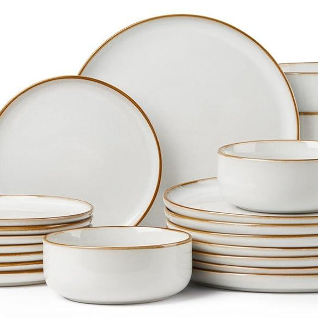 Herogo 24 Pieces Stoneware Dinnerware Dishes Sets for 8, Kitchen Handmade Dining Plates and Bowls Sets, Double Reactive Glaze, Microwave & Dishwasher Safe, Scratch Resistant, Ivory White