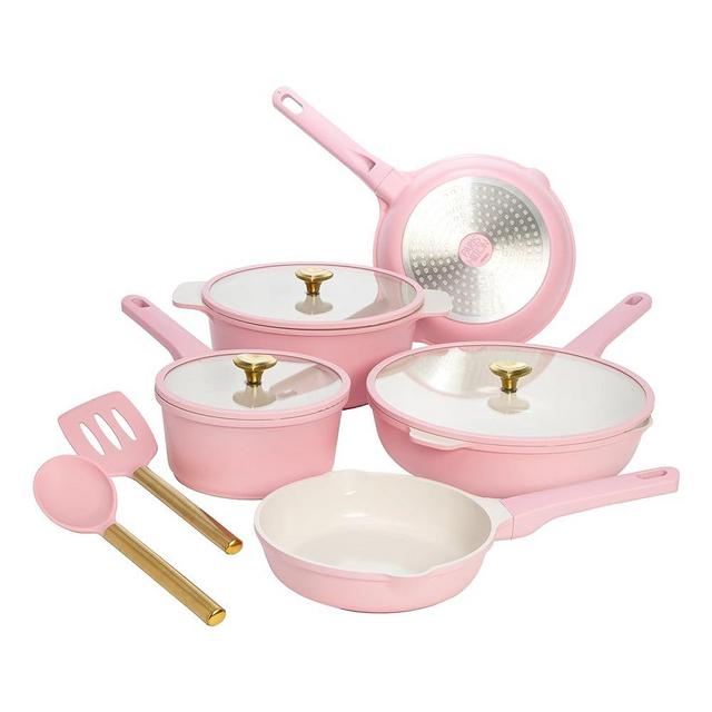 Paris Hilton Ceramic Nonstick Cookware Set, Cast Aluminum with Dual Layer Nonstick Coating, Gold Heart Knobs, Stay-Cool Handles, Made without PFAS, PFOA, PFOS & PTFE, Dishwasher Safe, 10-Piece, Pink