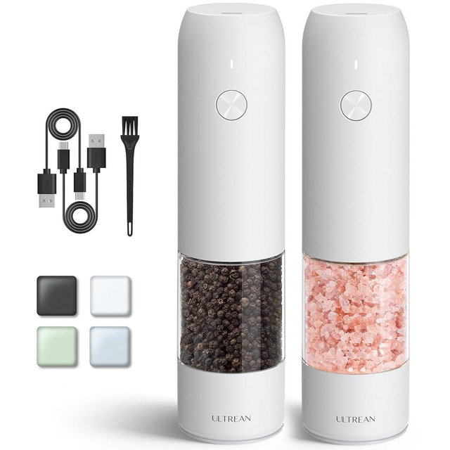 Ultrean Electric Salt and Pepper Grinder Set (2 Pack), USB Rechargeable Salt Pepper Mill Grinder with 6 Adjustable Coarseness, LED Light, One-Hand Operation for Kitchen, Restaurant, BBQ (White)