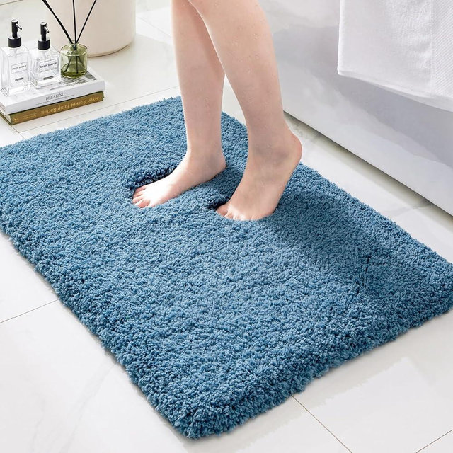 Ruggnovea Bathroom Rugs Non Slip Washable 36x24, Ultra Thick Soft Microfiber Absorbent Bath Mats, High Density Foam Latex Non Slip Backing Bath Rugs, Fluffy Floor Carpet for Tub&Shower, Blue