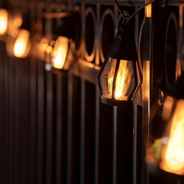 FoxFlame Solar String Lights Outdoor Waterproof - 10 Flickering LED Bulbs with Patented Flame Effect, 21 ft Solar-Powered Solar Hanging Lights Outdoor for Patios, Porches, Fences and Gardens