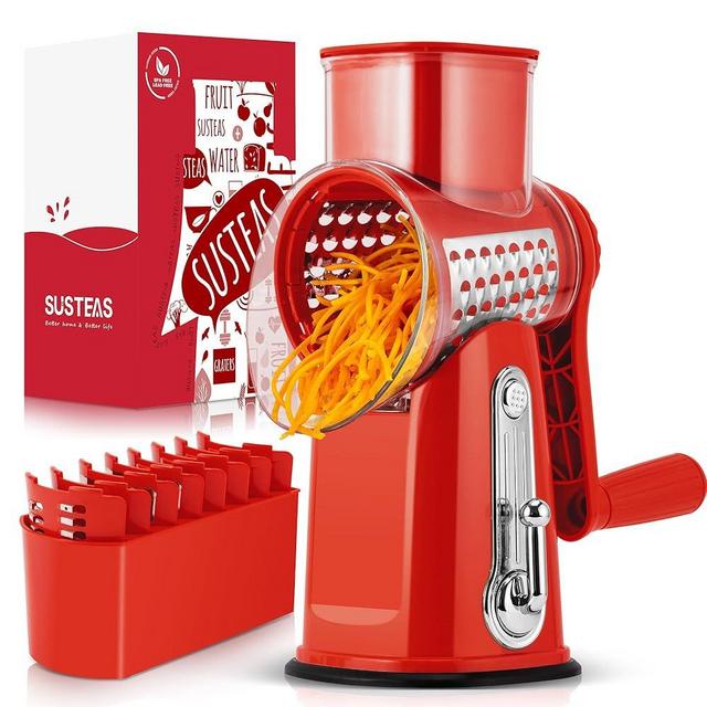SUSTEAS Rotary Cheese Grater with Handle - Vegetable Shredder with 5 Well-designed Blades & Strong Suction Base,Round Mandoline Slicer & Food Chopper for Kitchen,with Blade Storage Box(Red)