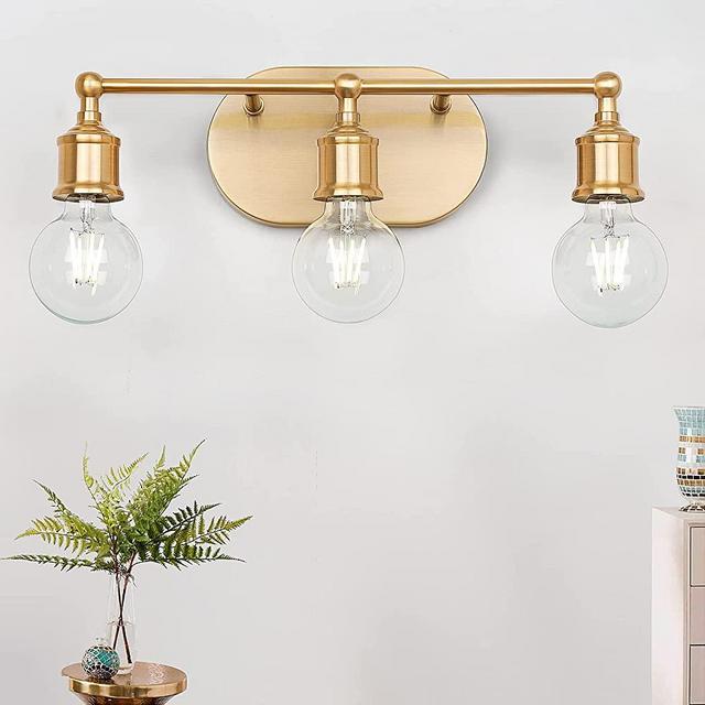 3-Light Vanity Light Fixture, Brushed Brass Wall Sconce Lighting Modern, Gold Bathroom Vanity Wall Lights E26 Base, Vintage Metal Indoor Wall Lamp for Mirror Cabinet, Globe Not Included