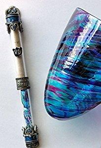 Jewish Wedding Break the Glass Heart Mezuzah Kit-Mezuzah color Blue Pewter with Purp/Blue is glass color shown