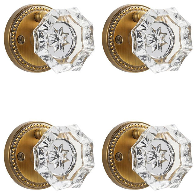 SORWDUERM 4 Pack Antique Brass Door Knobs Crystal Door Knob Interior Privacy Door Knob for Bedroom and Bathroom Glass Door Knob,Zinc Alloy