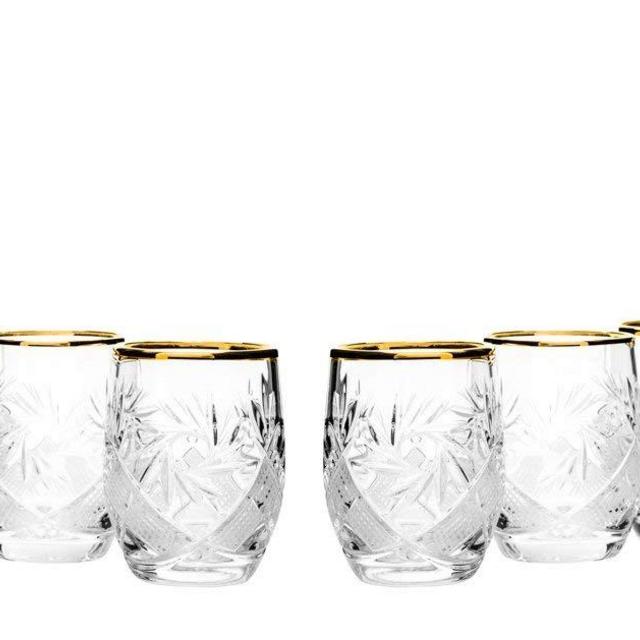 Set of 6 Neman Glassworks, 1.5-Oz Gold Rim Vintage Russian Crystal Shot Glasses