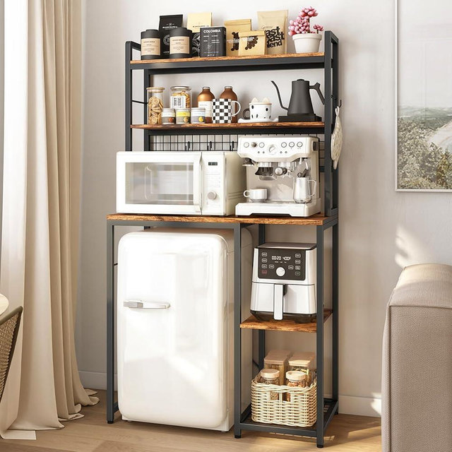 GUULIBERA Multi-Functional Mini Fridge Stand, Wooden Mini Fridge & Microwave Storage Shelves, Large Bakers Rack and Storage for Kitchen Appliances, Perfect for Dorm Kitchen Coffee Bar