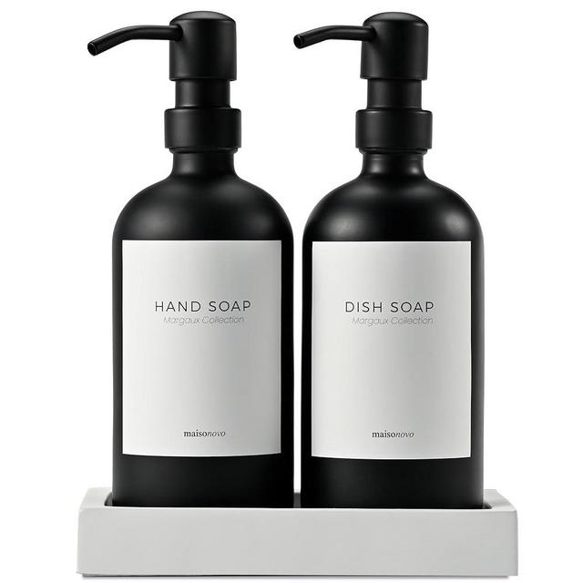 MaisoNovo Hand Soap and Lotion Dispenser Set | 16.9 fl oz Black Hand Soap Dispenser Glass with Black Pump x 2 + Concrete Tray