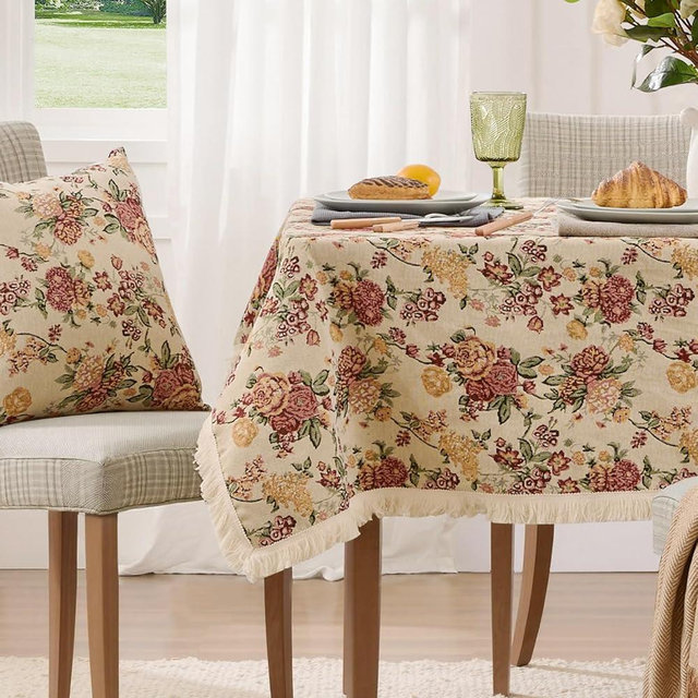 Fall Floral Rectangle Tablecloth Farmhouse Vintage Flower Print Table Cloth with Tassel Rustic French Embroidered Boho Tablecloths Durable Outdoor Table Cover for Kitchen,Dining Room,52 x 70 Inch