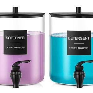 Glass Laundry Detergent Dispenser, 128 oz / 3.5L Fabric Softener Dispenser for Laundry Room Organization, Detergent Holder with Plastic Spigot (Black, 2 Pack)