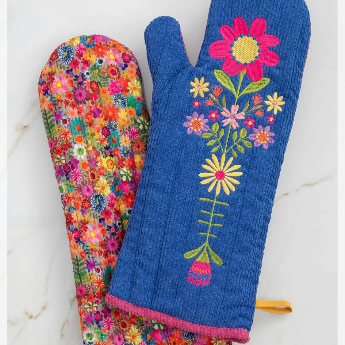 Bake Happy Double-Sided Oven Mitt - Blue Folk Flower Patchwork