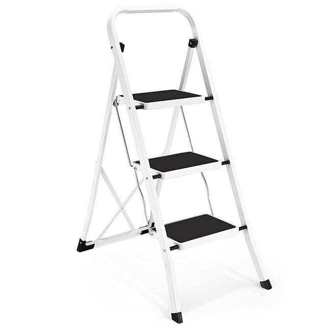 Soctone 3 Step Ladder, Lightweight Folding Step Stools for Adults with Anti-Slip Pedal, Portable Sturdy Steel Ladder with Handrails, Perfect for Kitchen & Household, 330 lbs Capacity, White