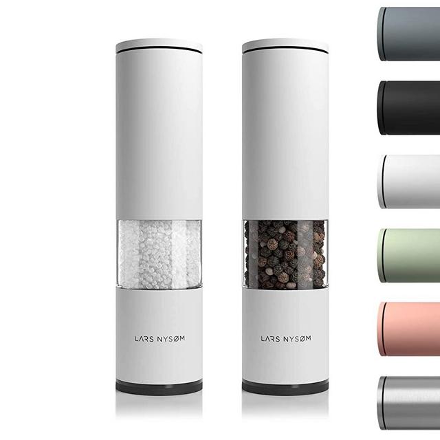 LARS NYSØM Salt and Pepper Mills Set Stainless Steel with Adjustable Ceramic Grinder 2 pieces I Design Spice Mills Set Manual (Set of 2, Snow White)