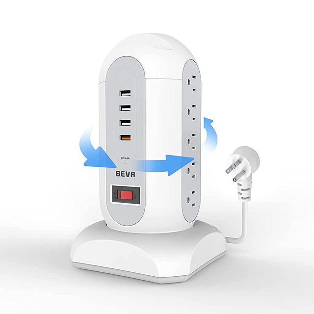 Power Strip Tower, BEVA Surge Protector 5.4ft Retractable Extension Cord, 15 Outlets 4 USB Ports Desktop Charging Station with Overload Protection Circuit Breaker for Home Office Hotel Dorm ETL Listed