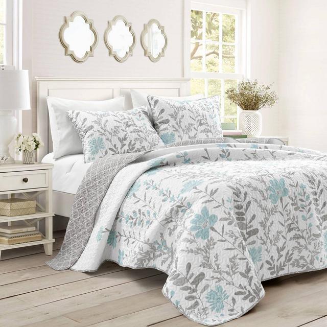 3pc Full/Queen Aprile Reversible Quilt Set Blue/Gray - Lush Décor