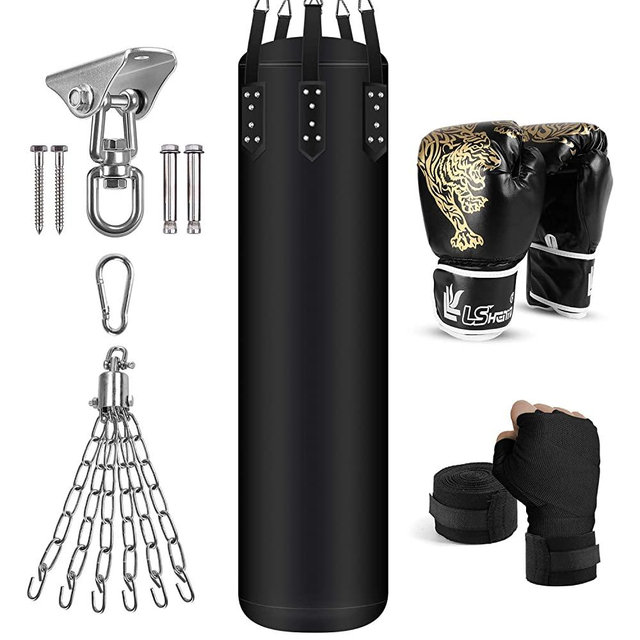 Odoland 6-In-1 Punching Bag Unfilled Set for Men and Women, 4FT Kick Boxing Heavy Bag with 12OZ Boxing Punching Gloves and Hand Wraps, Heavy Punch Bags Hanging Chains for MMA Karate