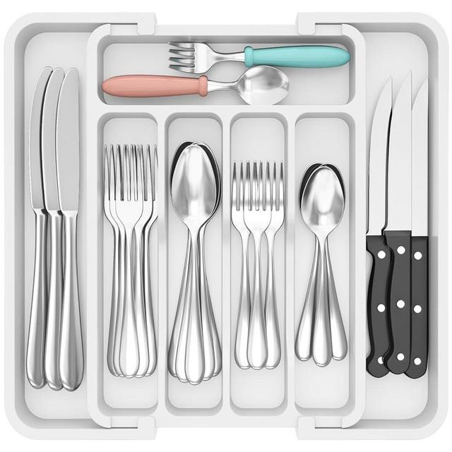 Lifewit Silverware Drawer Organizer, Expandable BPA Free Utensil Tray for Kitchen, Adjustable Flatware and Cutlery Holder for Spoons Forks Knives, Plastic Kitchen Organizers and Storage, White