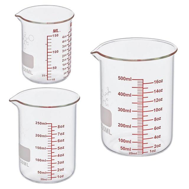 3 Piece High Borosilicate Glasss Liquid Measuring Cups, Includes 150ml(5OZ),250ml(8OZ),and 500ml(16OZ), Dishwasher, Freezer, Microwave, and Preheated Oven Safe, Essential Kitchen Tools