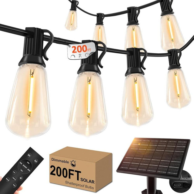 200ft Solar Outdoor String Lights with Remote - USB Rechargeable Solar Powered Outdoor Patio Lights, Larger 3.5W Solar Panel, Timer, Dimmable Shatterproof ST38 Bulbs for Backyard, Garden, Pool