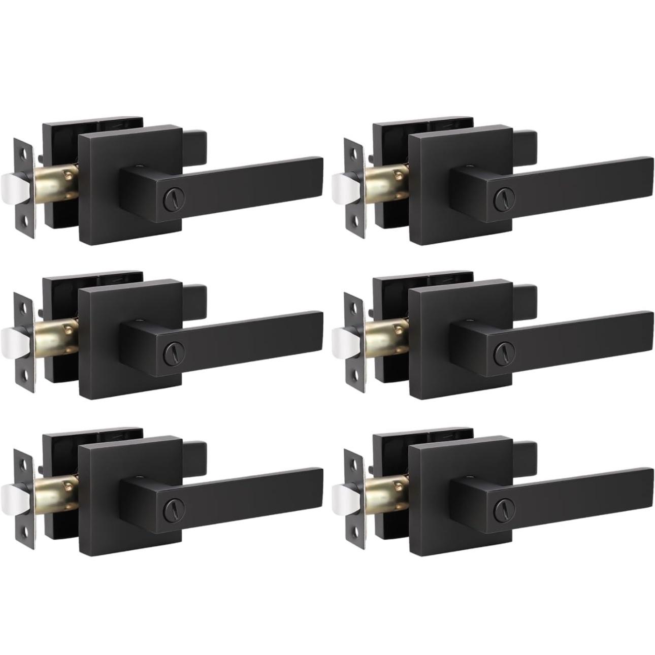 KNOBWELL 6 Pack Door Handles Black, Privacy Door Lever Bed and Bath Leverset Lockset, Left or Right Handing, Matte Black Finish 2.07 lb One Lever