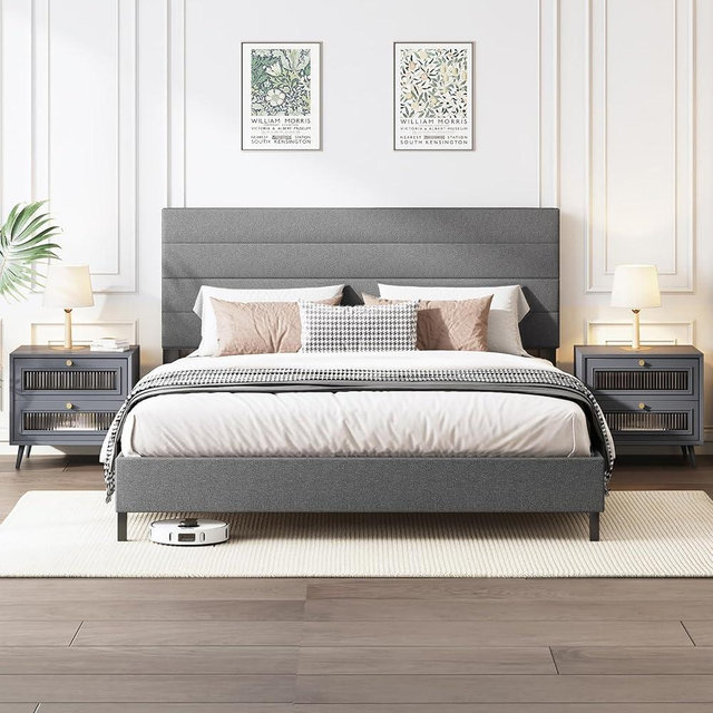 Furnihome Queen Bed Frame, Modern Upholstered Bed Frame with Adjustable Linen Headboard, Wooden Slats Support Platform Queen Size Bed Frames, No Box Spring Needed,Easy Assembly,Dark Grey