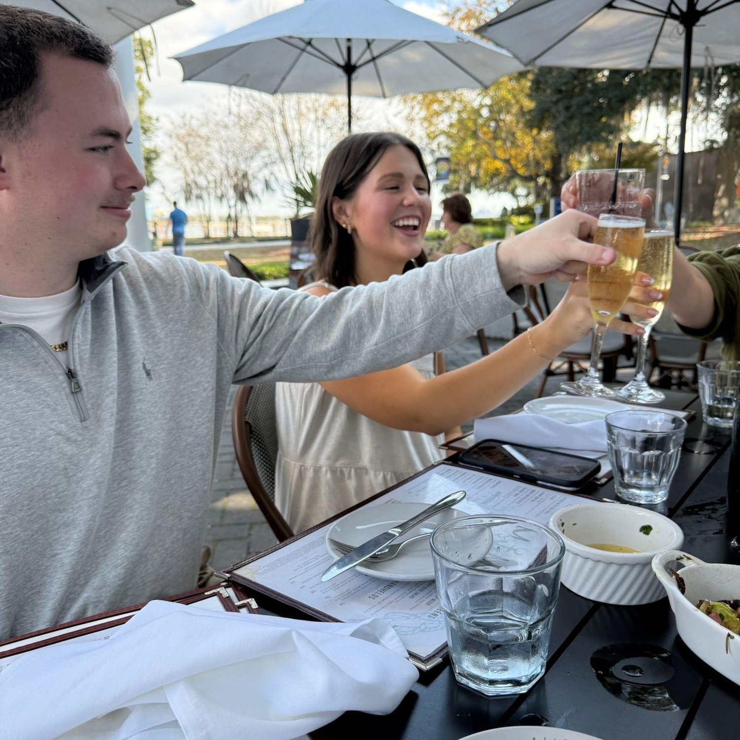 Headed to a quick lunch after the proposal to celebrate with some champagne.