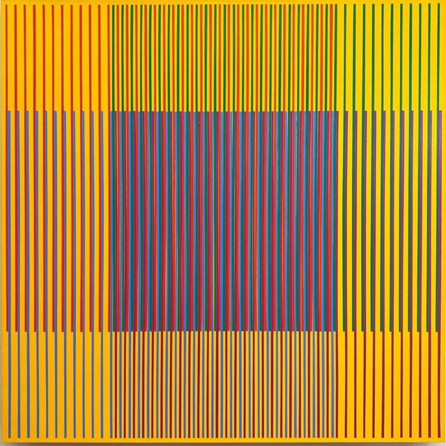 Original Op Art Abstract Acrylic Painting, Geometric Hardedge Abstraction, Retro Mid-Century Modern Style, Influenced by Cruz Diez, Stanczak