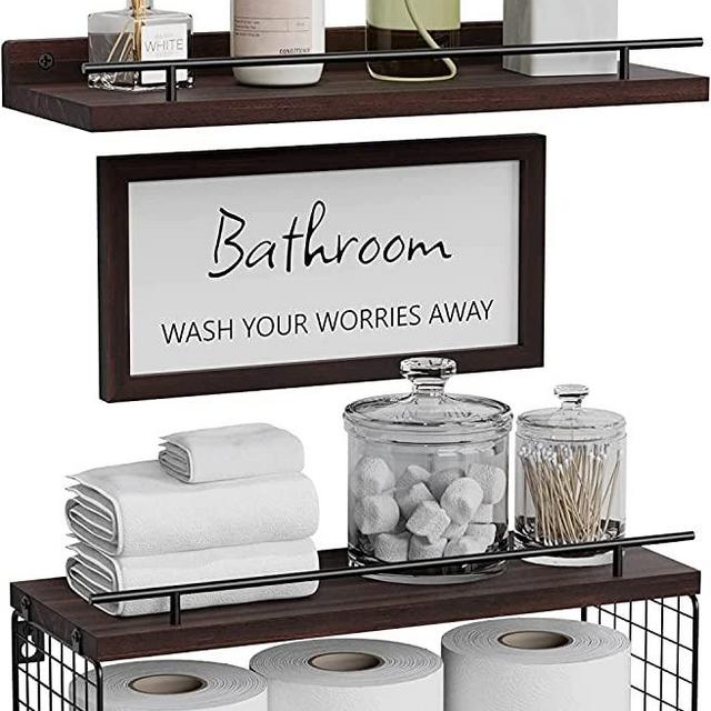 WOPITUES Floating Shelves with Bathroom Wall Décor Sign, Farmhouse Wood Bathroom Wall Shelves Over Toilet with Paper Storage Basket Set of 3, Rustic Floating Shelf with Guardrail–Carbonized Brown