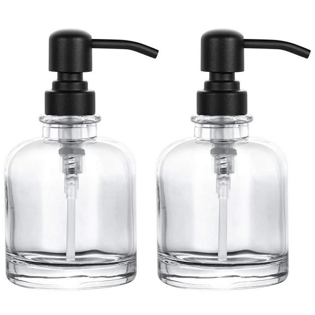 2 Pcs Thick Clear Glass Jar Soap Dispenser with Matte Black Stainless Steel Pump, 12ounce Clear Boston Round Bottle Dispenser with Rustproof Pump for Essential Oil (Matte Black)