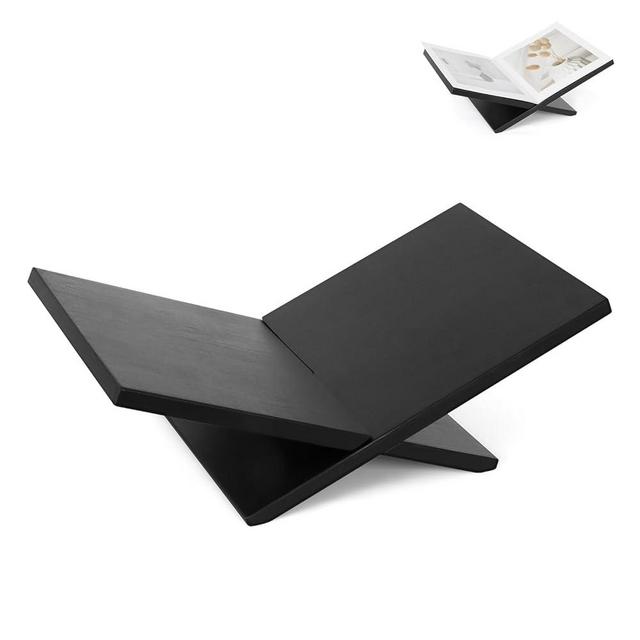PUERSI Open Book Display Stand, Wooden Large Book Holder, Coffee Table Book Stand, Wood Book Easel for Magazine, Art Book, Cook Book, Bible, Quran - Black